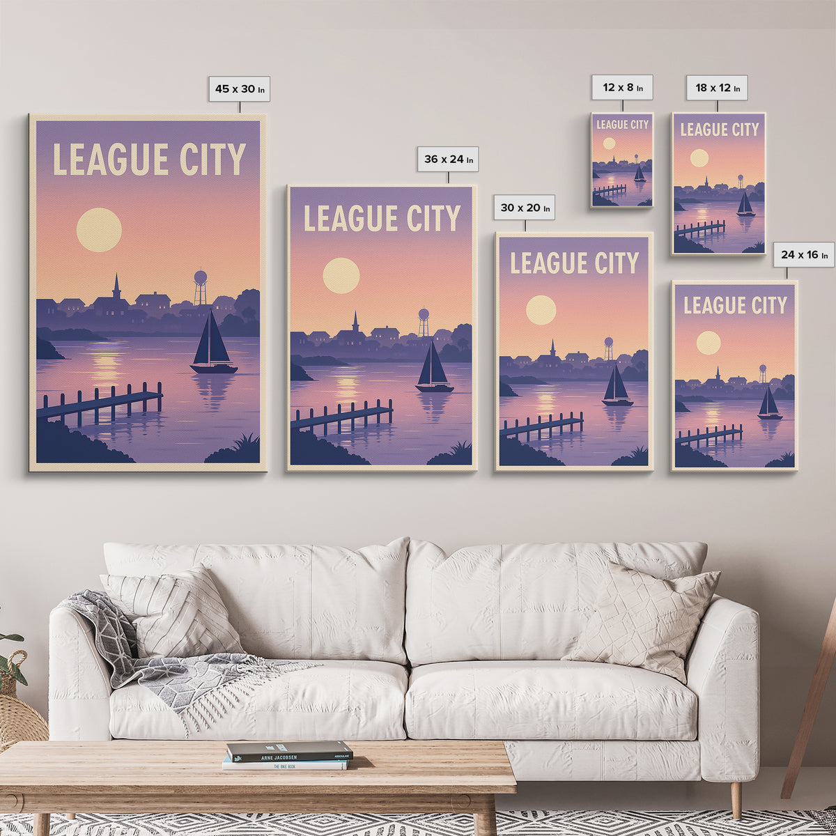 League City Texas Travel Poster, Framed Canvas Print, Retro Sunset Skyline Art, League City Travel Art, Travel Wall Decor, Travel Wall Art