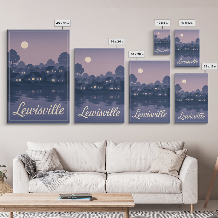 Lewisville Travel Poster, Framed Canvas Print, Retro Sunset Skyline Art, Lewisville Wall Art, Home Office Decor, Wanderlust Decor