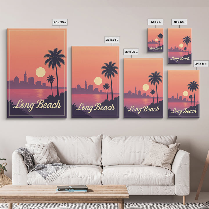 Long Beach California Travel Poster, Canvas Print, Retro Sunset Skyline Art, Long Beach Art Print, Vintage Travel Art, City Travel Prints