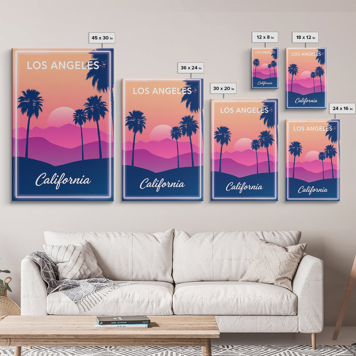 Los Angeles Travel Poster, Framed Canvas Print, Retro Sunset Skyline Art, Los Angeles Travel Art, Retro Travel Print, City Travel Prints