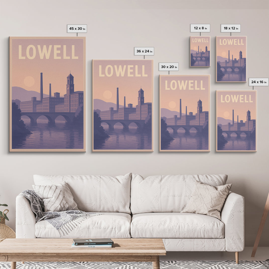 Lowell Massachusetts Travel Poster, Canvas Print, Retro Sunset Skyline Art, Lowell Travel Art, Poster Art, Fine Art Print, Travel Wall Art