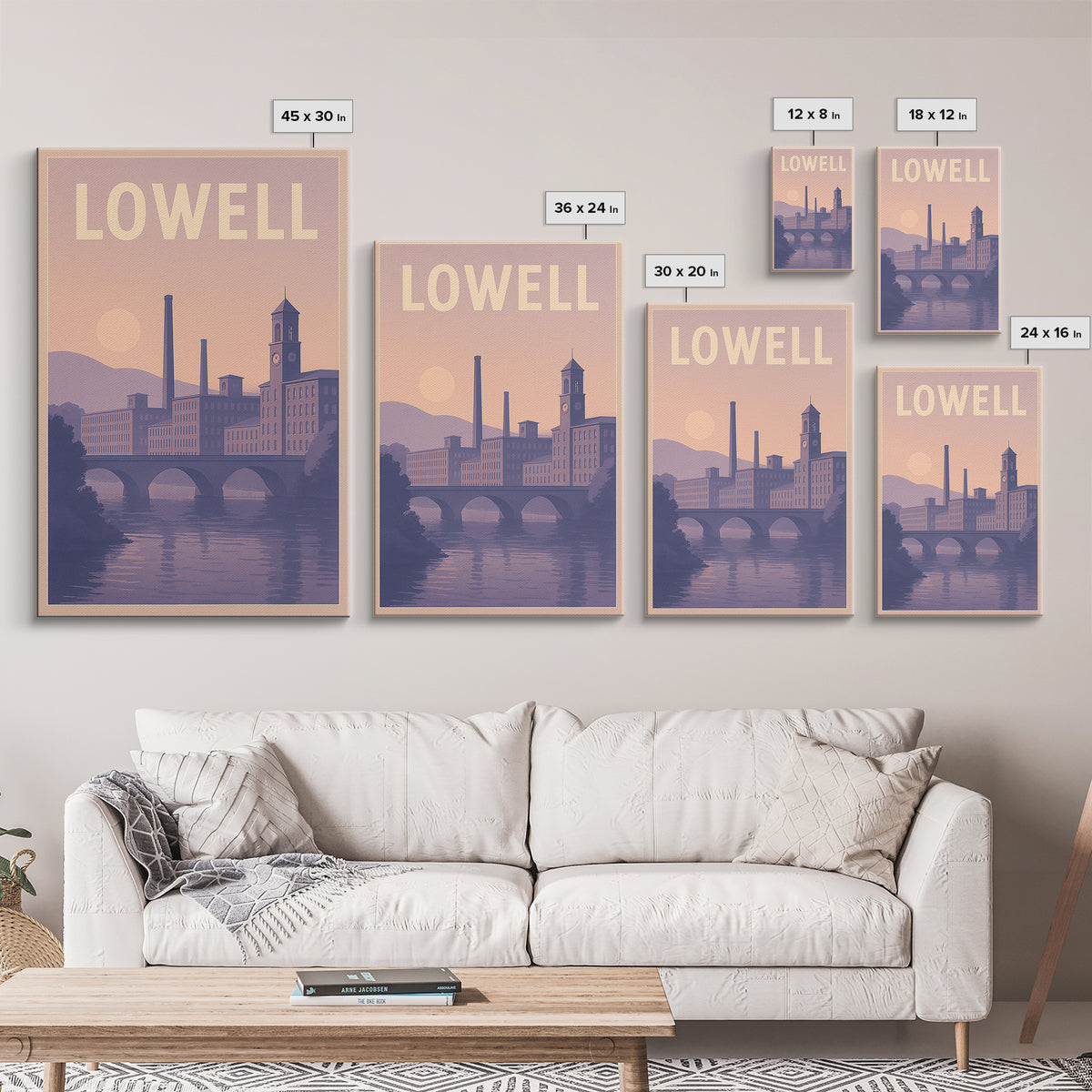 Lowell Massachusetts Travel Poster, Canvas Print, Retro Sunset Skyline Art, Lowell Travel Art, Poster Art, Fine Art Print, Travel Wall Art