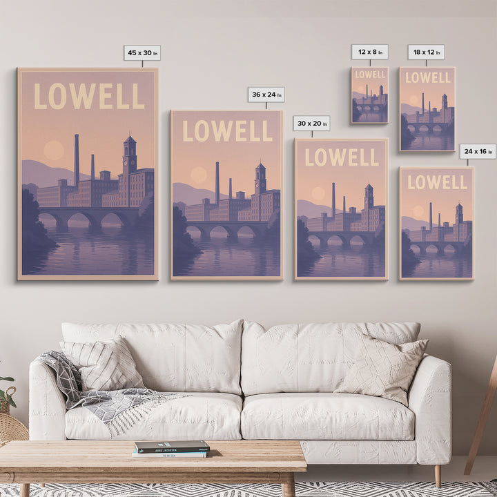 Lowell Massachusetts Travel Poster, Canvas Print, Retro Sunset Skyline Art, Lowell Travel Art, Poster Art, Fine Art Print, Travel Wall Art