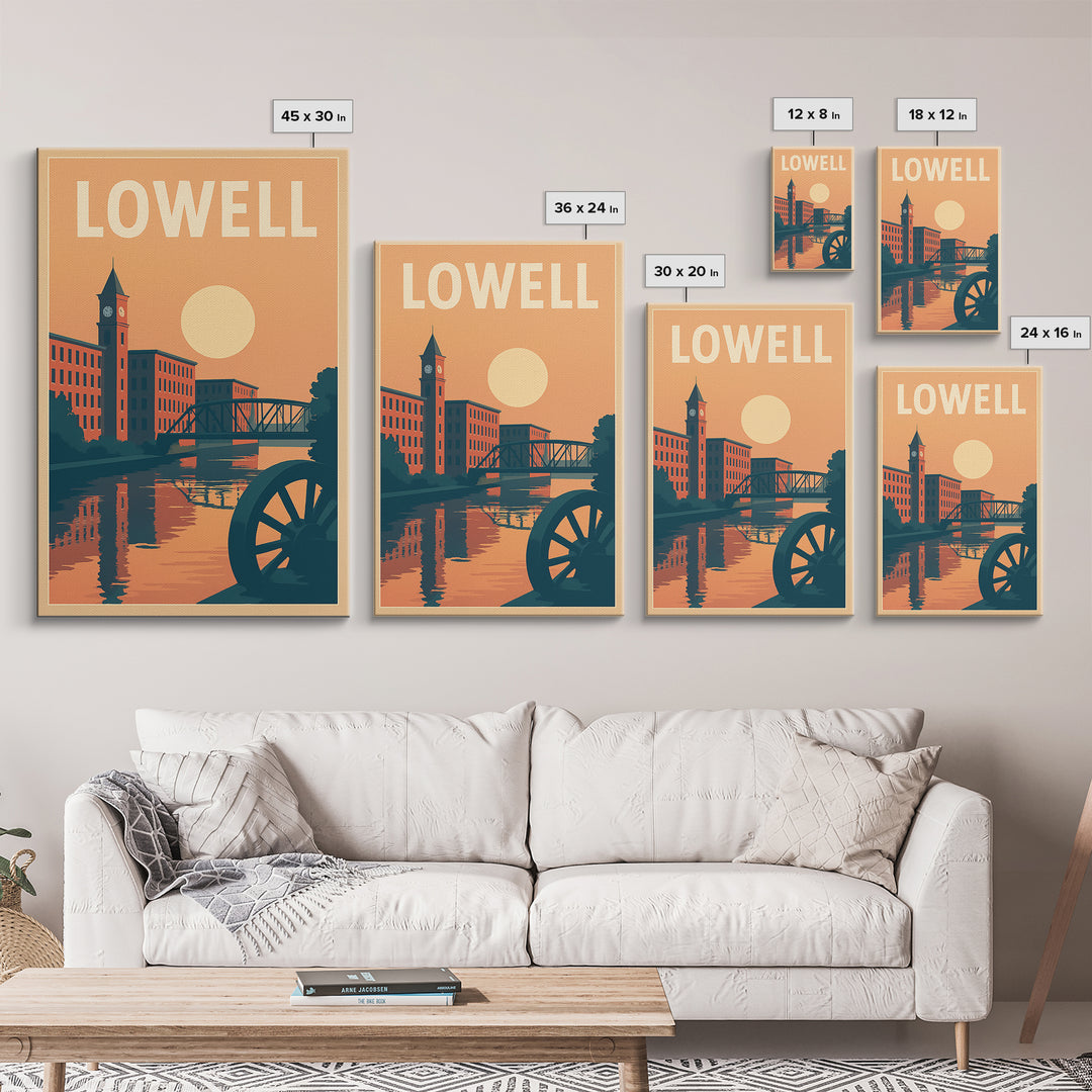 Lowell Travel Poster, Canvas Print, Retro Sunset Skyline Art, Lowell Art Print, Gift For Travelers, Mid Century Wall Art, Travel Art Print