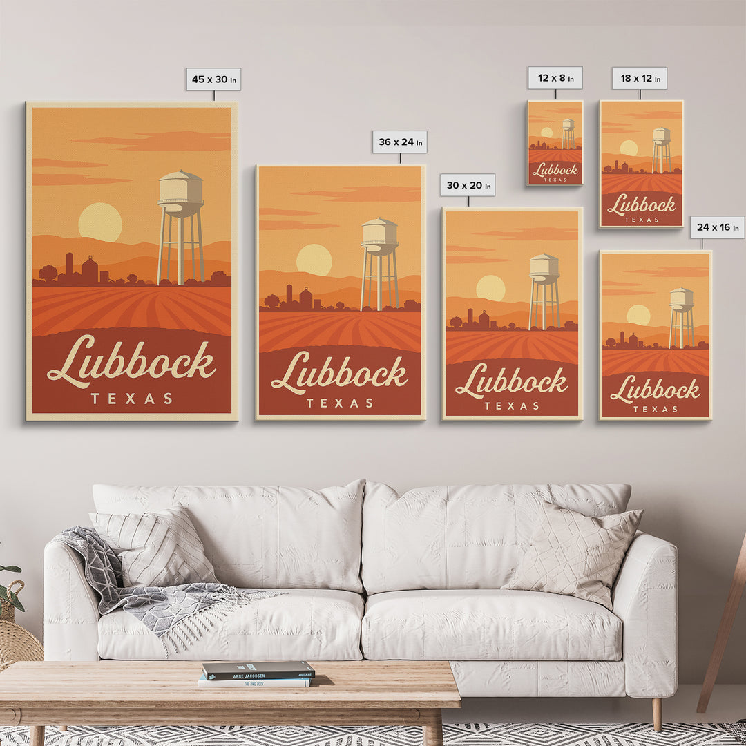 Lubbock Texas Travel Poster, Framed Canvas Print, Retro Sunset Skyline Art, Lubbock Poster Print, Wanderlust Decor, Travel Poster Set