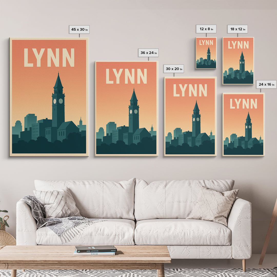 Lynn Massachusetts Travel Poster, Canvas Print, Retro Sunset Skyline Art, Lynn City Art, Travel Poster Set, Travel Art Print