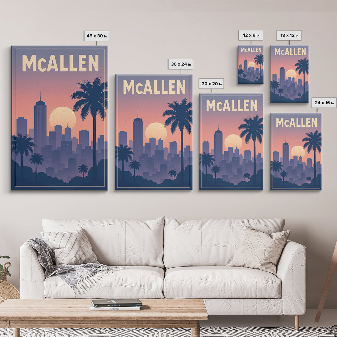 Mcallen Texas Travel Poster, Framed Canvas Print, Retro Sunset Skyline Art, Mcallen Wall Art, Eclectic Wall Decor, City Travel Prints
