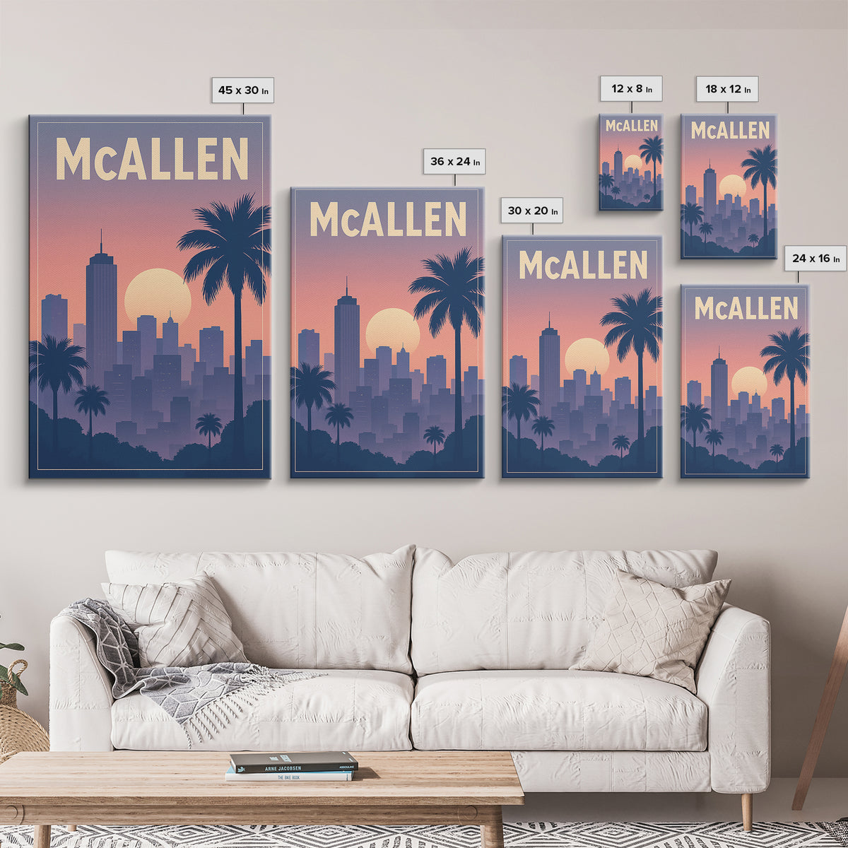 Mcallen Texas Travel Poster, Framed Canvas Print, Retro Sunset Skyline Art, Mcallen Wall Art, Eclectic Wall Decor, City Travel Prints