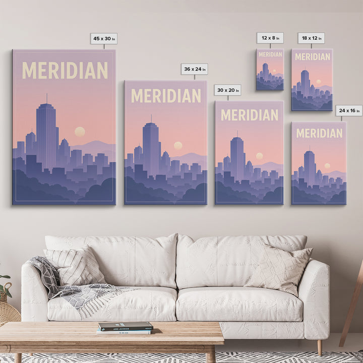 Meridian Idaho Travel Poster, Framed Canvas Print, Classic Travel Poster Art, Meridian Travel Art, Mid Century Wall Art, City Travel Prints