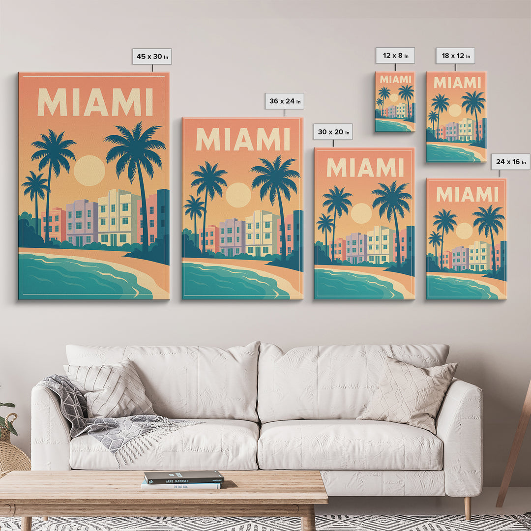 Miami Travel Poster, Framed Canvas Print, Vintage Travel Poster Art, Miami Poster Print, City Art Print, Living Room Wall Art, Design 2