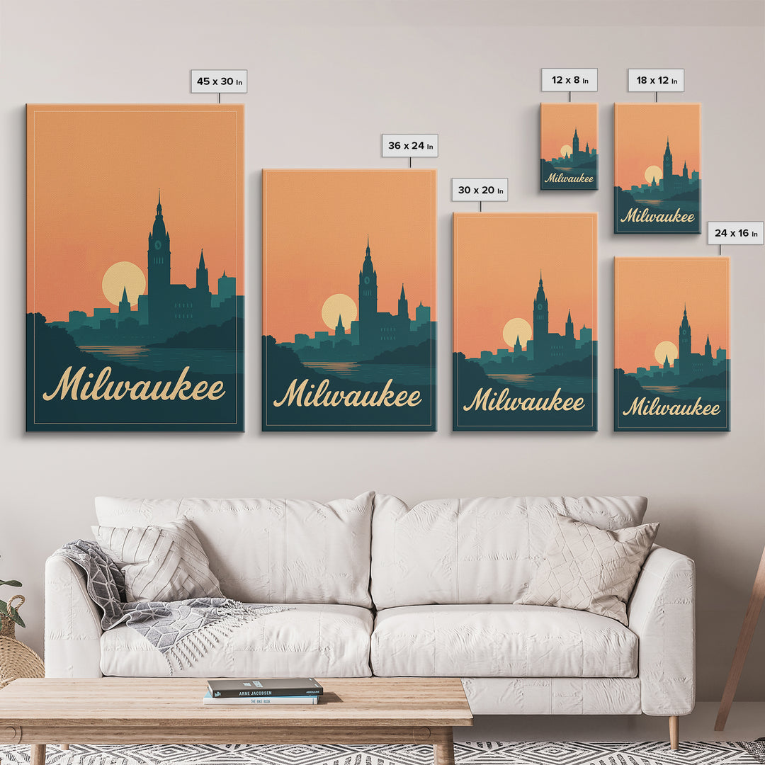 Milwaukee Wisconsin Travel Poster, Framed Canvas Print, Retro Sunset Skyline Art, Milwaukee Wall Art, Modern Wall Decor, City Travel Prints