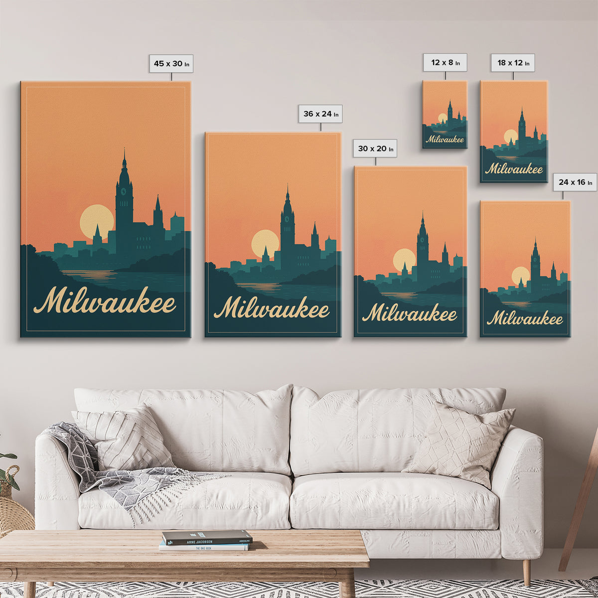 Milwaukee Wisconsin Travel Poster, Framed Canvas Print, Retro Sunset Skyline Art, Milwaukee Wall Art, Modern Wall Decor, City Travel Prints
