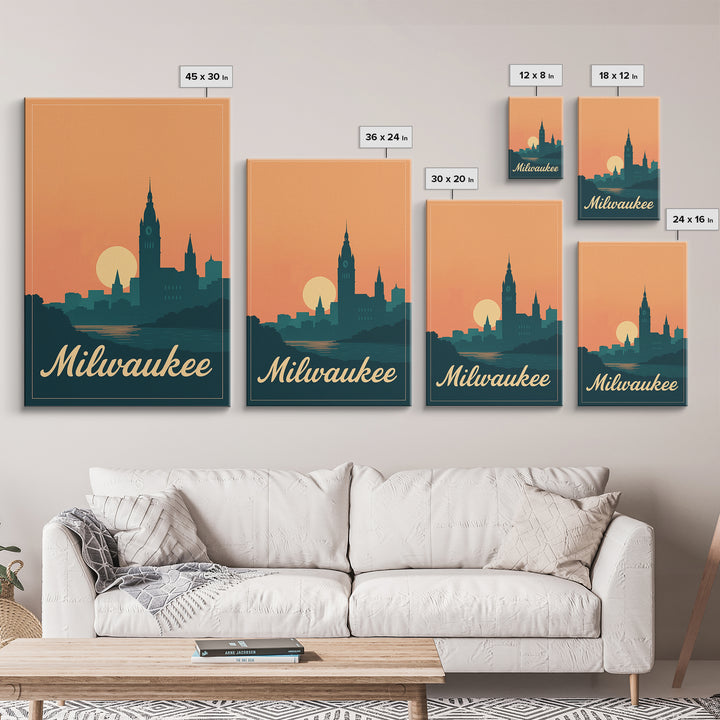 Milwaukee Wisconsin Travel Poster, Framed Canvas Print, Retro Sunset Skyline Art, Milwaukee Wall Art, Modern Wall Decor, City Travel Prints
