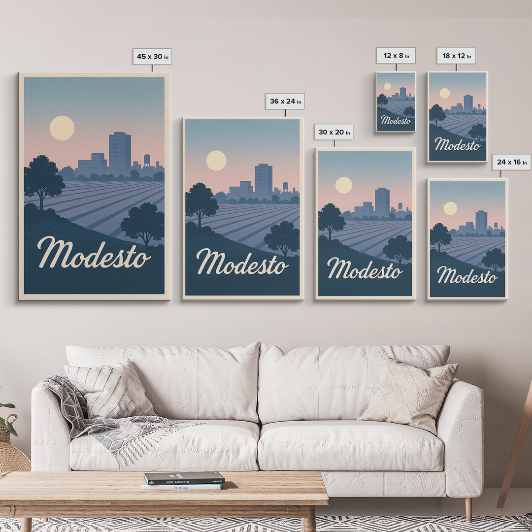 Modesto Travel Poster, Canvas Print, Mid Century City Wall Art, Modesto City Art, Modern Wall Decor, City Illustration, City Art Print
