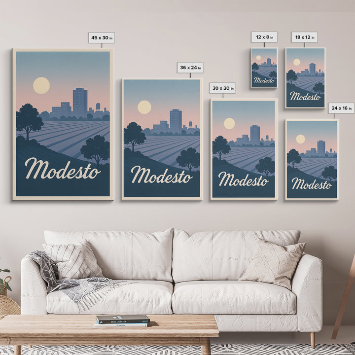 Modesto Travel Poster, Canvas Print, Mid Century City Wall Art, Modesto City Art, Modern Wall Decor, City Illustration, City Art Print