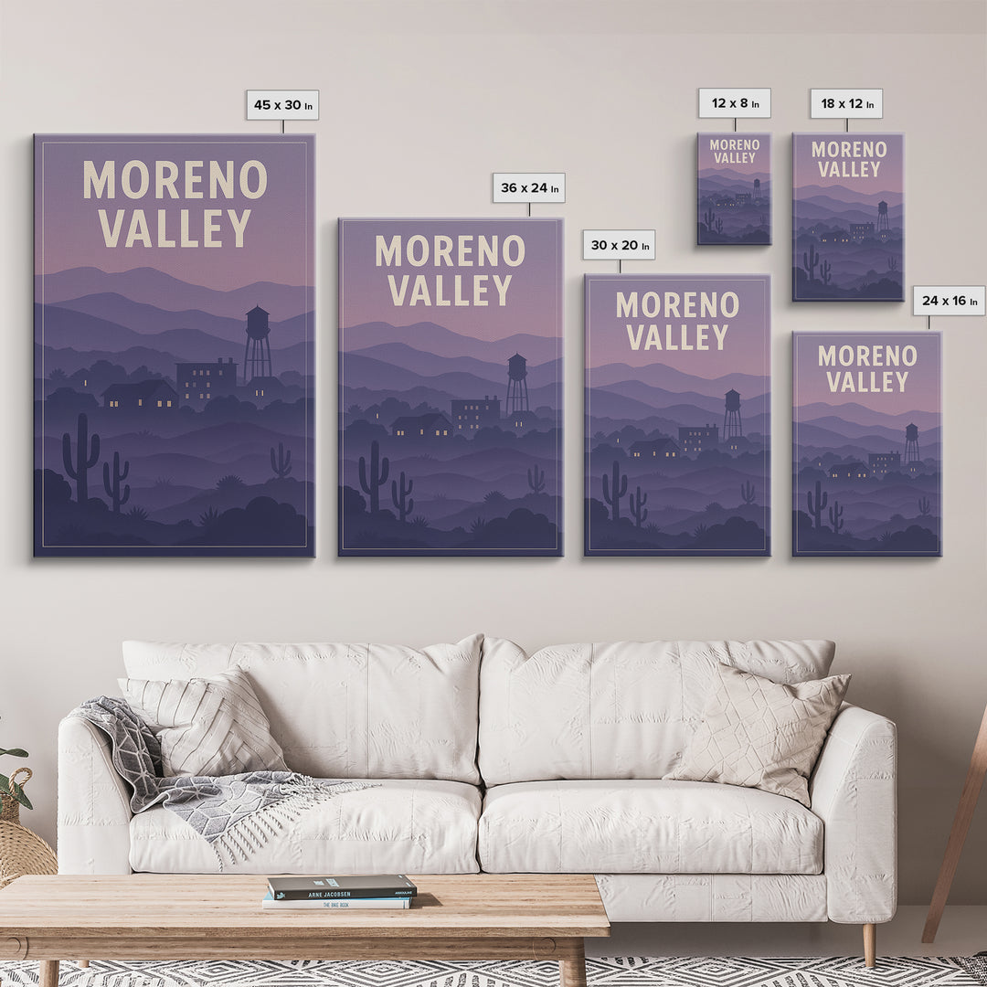 Moreno Valley California Travel Poster, Canvas Print, Retro Sunset Skyline Art, Moreno Valley Art Print, Wanderlust Decor, City Art Print