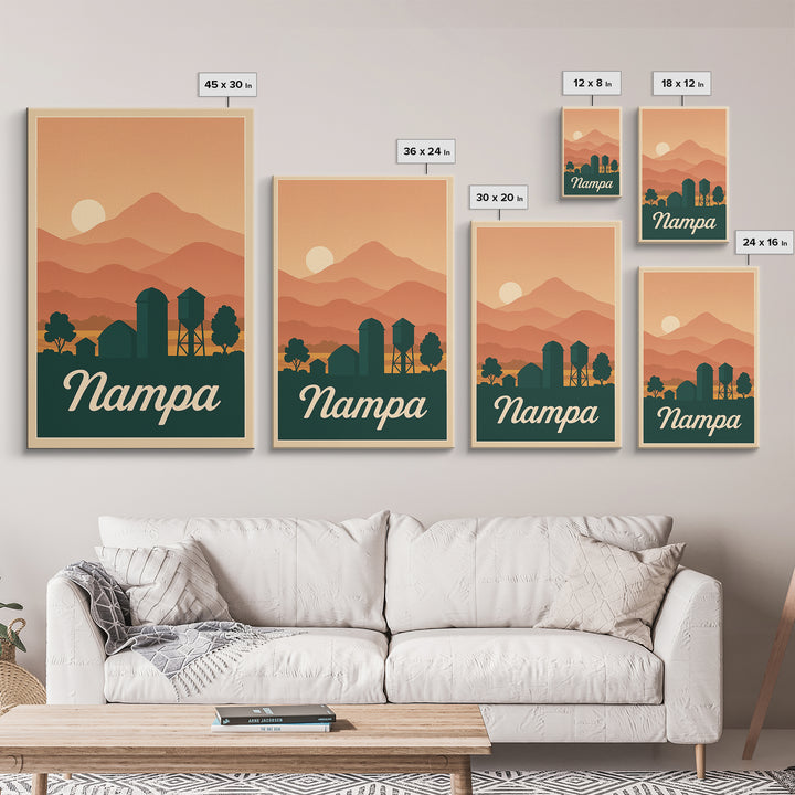 Nampa Idaho Travel Poster, Canvas Print, Retro Sunset Skyline Art, Nampa Poster Print, City Art Print, City Travel Prints, Fine Art Print