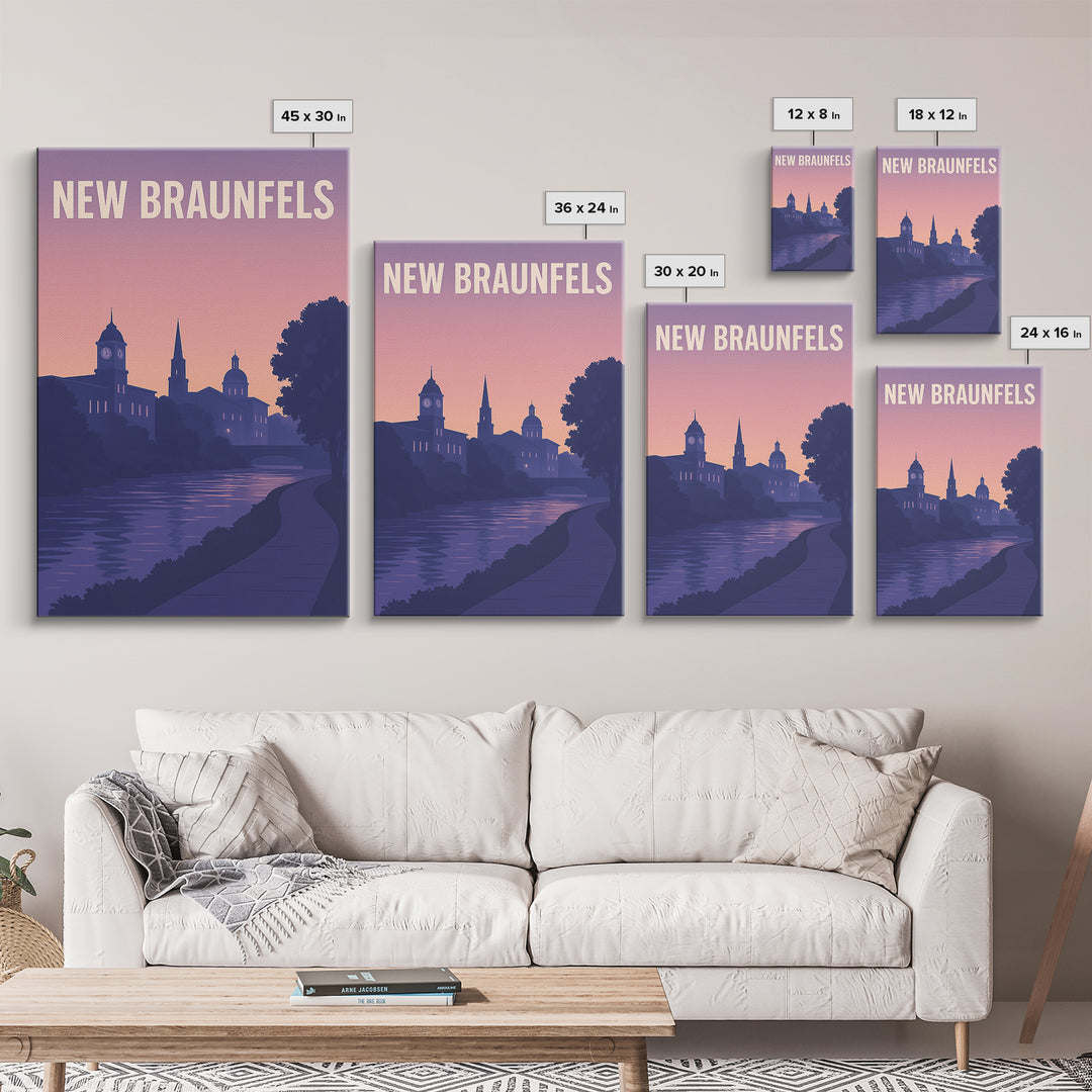 New Braunfels Travel Poster, Framed Canvas Print, Retro Sunset Skyline Art, New Braunfels City Art, Vintage Travel Print, Vintage Travel Art