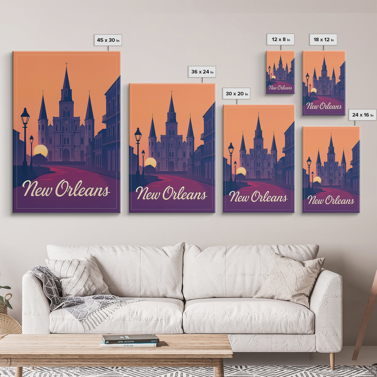 New Orleans Louisiana Travel Poster, Framed Canvas Print, Retro Sunset Skyline Art, New Orleans City Art, Travel Wall Art, Travel Art Print