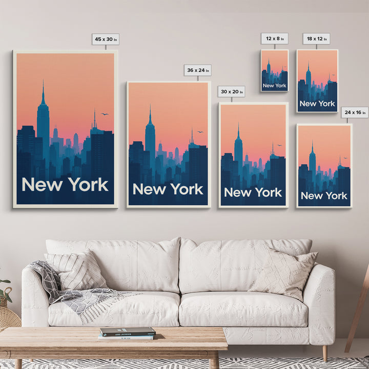 New York Travel Poster, Framed Canvas Print, Retro Sunset Skyline Art, New York Travel Art, Living Room Wall Art, Eclectic Wall Decor