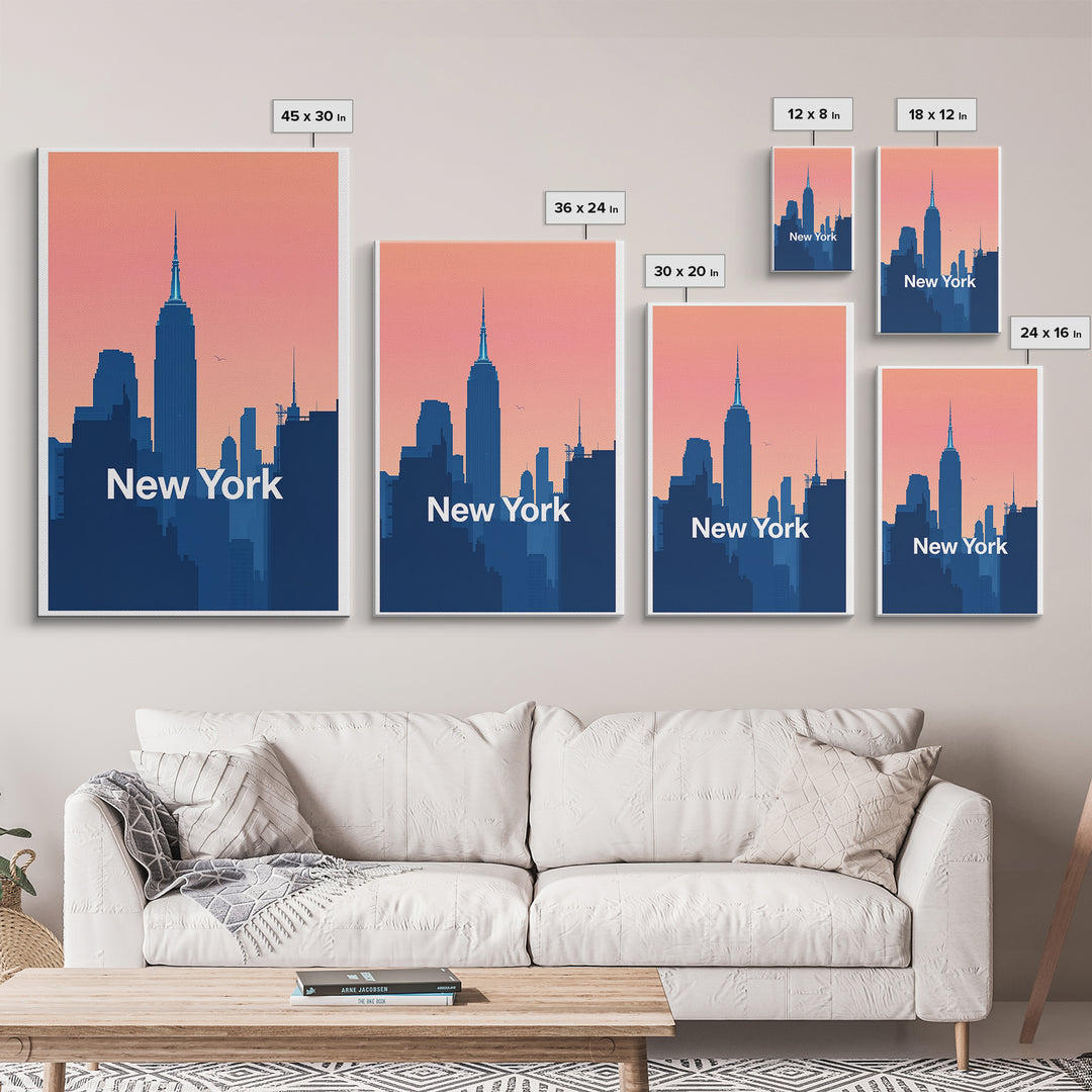 New York Travel Poster, Framed Canvas Print, Retro Sunset Skyline Art, New York City Art, City Art Print, Modern Wall Decor, Poster Art