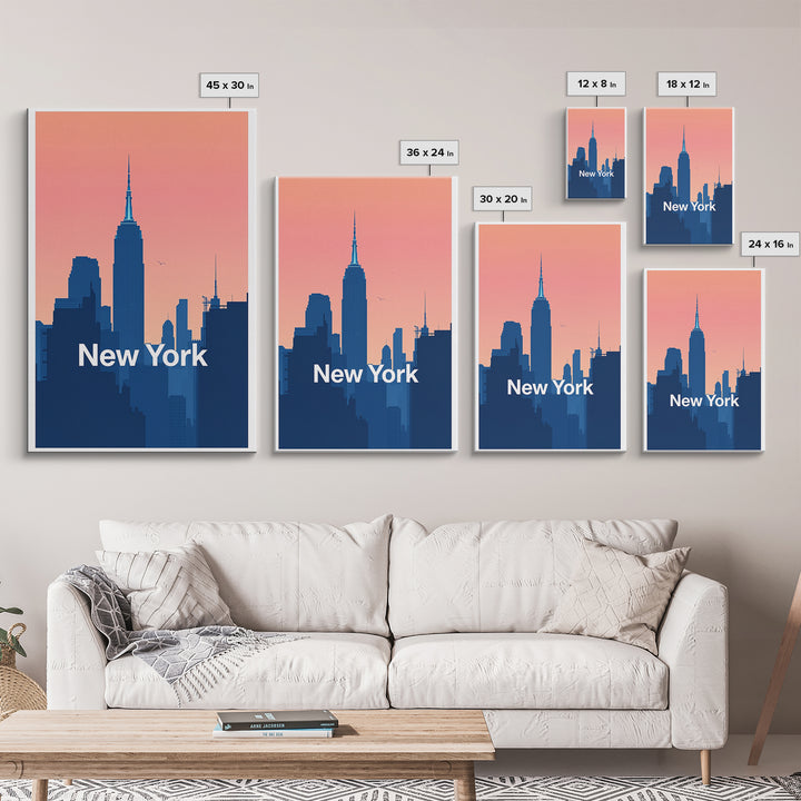 New York Travel Poster, Framed Canvas Print, Retro Sunset Skyline Art, New York City Art, City Art Print, Modern Wall Decor, Poster Art
