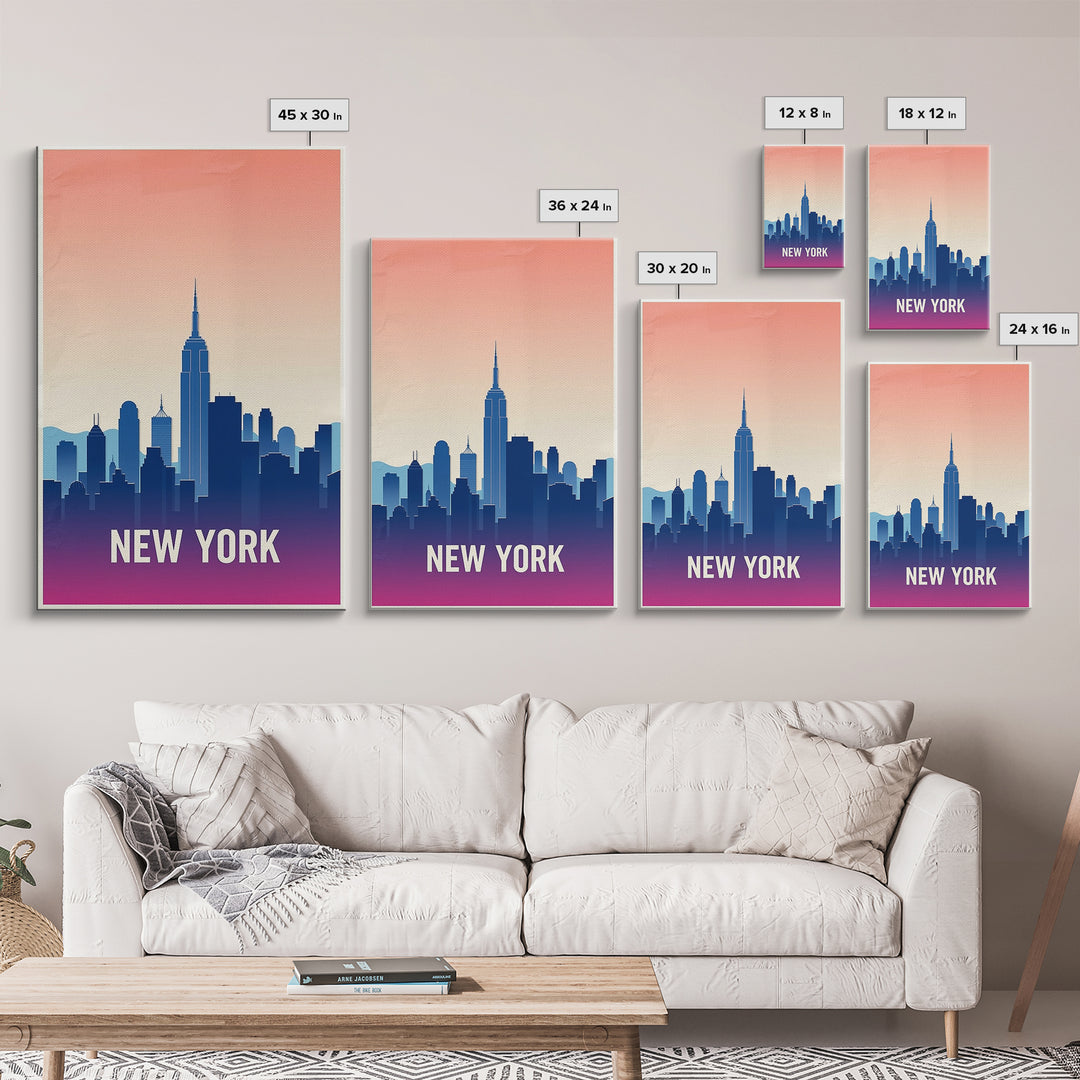 New York Travel Poster, Framed Canvas Print, Retro Sunset Skyline Art, New York Poster Print, Travel Wall Decor, Mid Century Wall Art