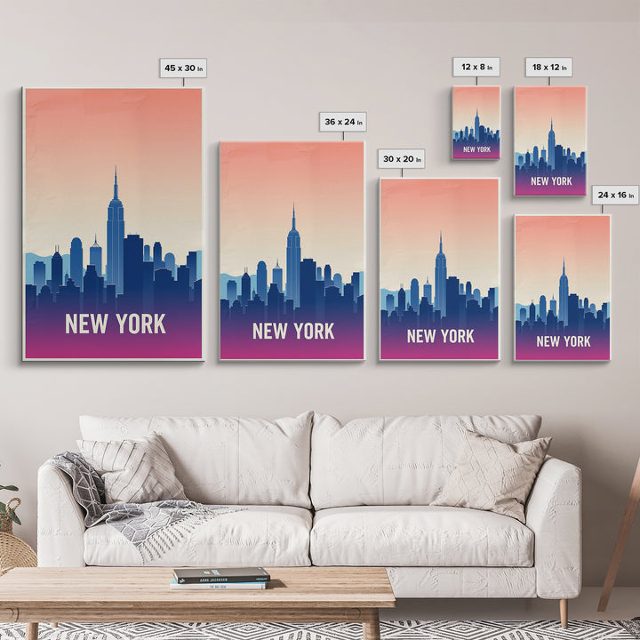 New York Travel Poster, Framed Canvas Print, Retro Sunset Skyline Art, New York Poster Print, Travel Wall Decor, Mid Century Wall Art