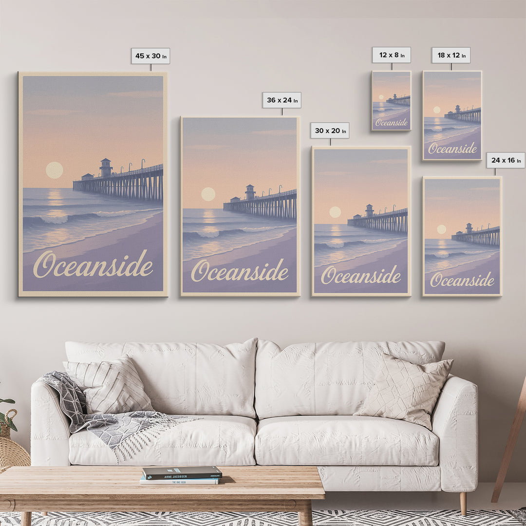 Oceanside Travel Poster, Canvas Print, Retro Sunset Skyline Art, Oceanside Wall Art, Retro Travel Print, Watercolor Skyline, Design 2