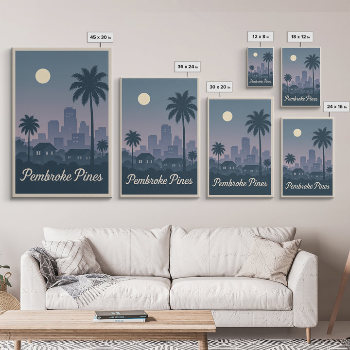 Pembroke Pines Florida Travel Poster, Canvas Print, Retro Sunset Skyline Art, Pembroke Pines Art Print, Wanderlust Decor, Modern Wall Decor
