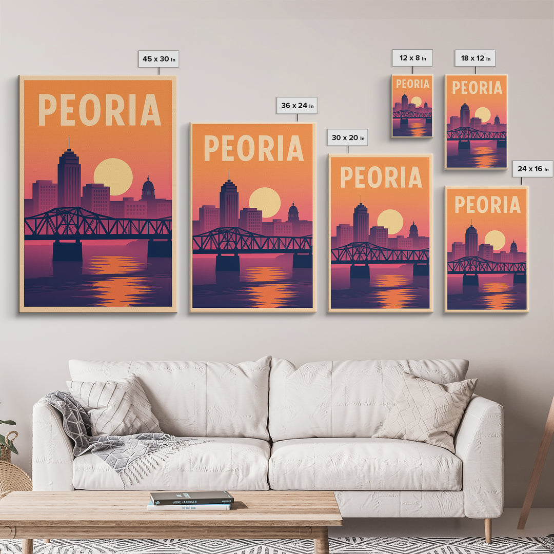 Peoria Travel Poster, Framed Canvas Print, Mid Century City Wall Art, Peoria City Art, Home Office Decor, City Art Print, City Travel Prints