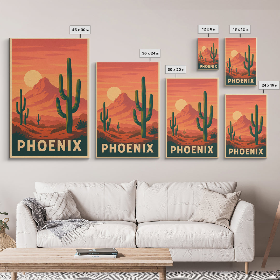 Phoenix Arizona Travel Poster, Framed Canvas Print, Retro Sunset Skyline Art, Phoenix Travel Art, Vintage Travel Print, Vintage City Poster