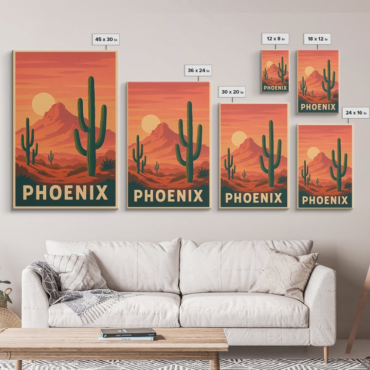 Phoenix Arizona Travel Poster, Framed Canvas Print, Retro Sunset Skyline Art, Phoenix Travel Art, Vintage Travel Print, Vintage City Poster