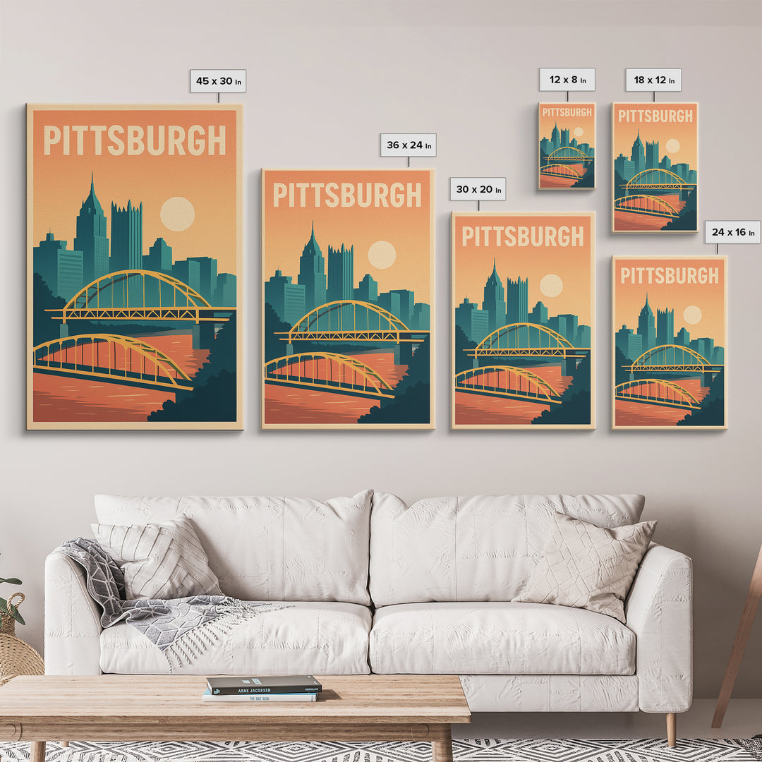 Pittsburgh Travel Poster, Framed Canvas Print, Mid Century City Wall Art, Pittsburgh Poster Print, Home Office Decor, Retro Travel Print