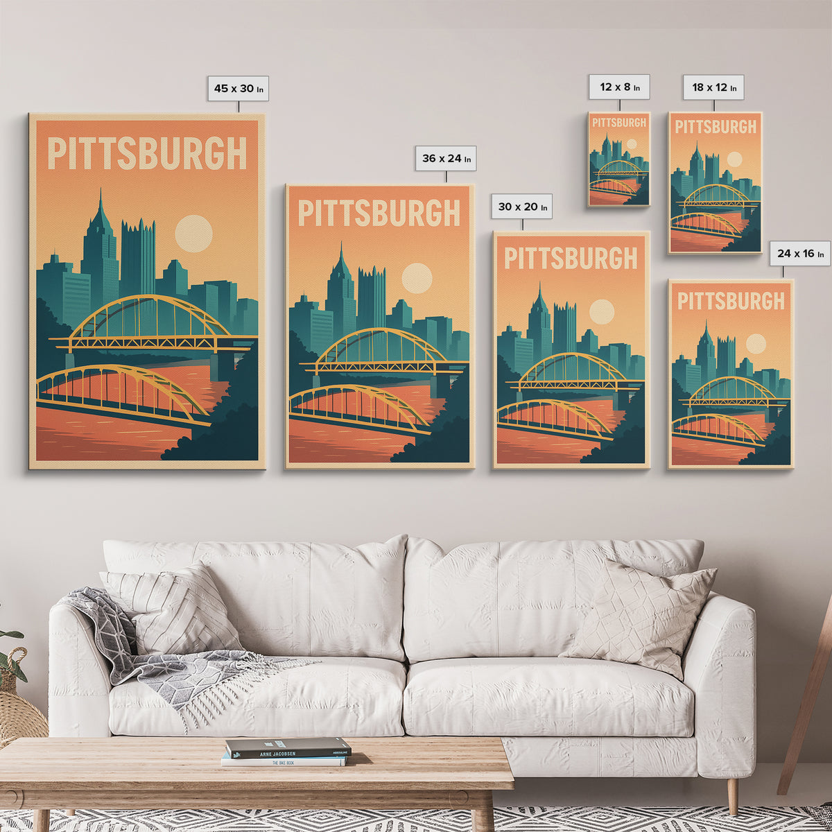 Pittsburgh Travel Poster, Framed Canvas Print, Mid Century City Wall Art, Pittsburgh Poster Print, Home Office Decor, Retro Travel Print