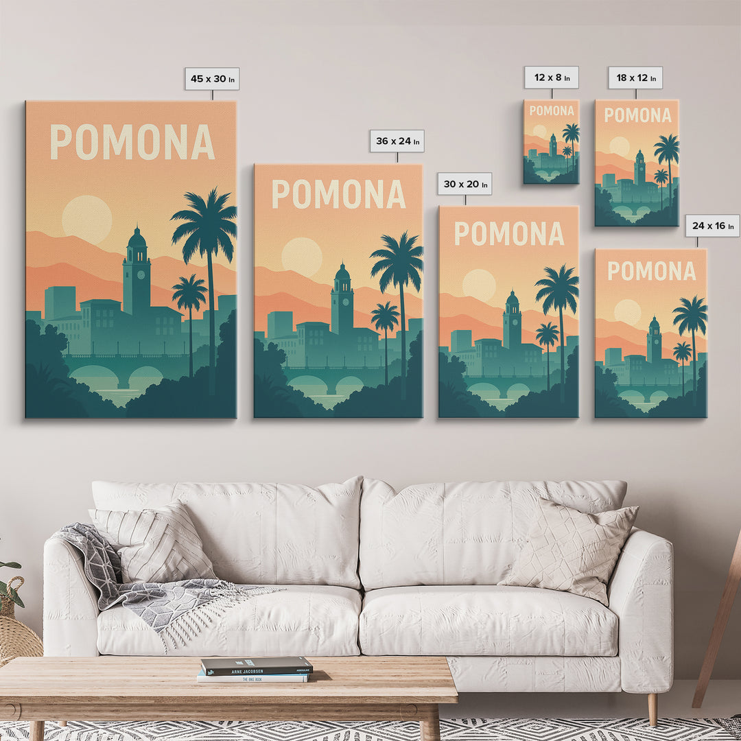 Pomona Travel Poster, Canvas Print, Retro Sunset Skyline Art, Pomona Travel Art, City Illustration, City Art Print, Travel Poster Art