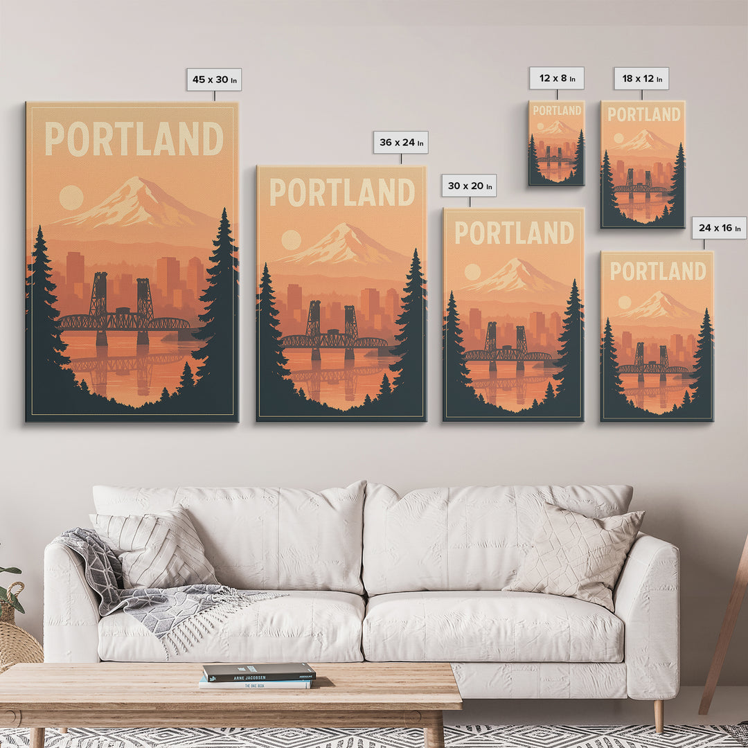 Portland Oregon Travel Poster, Framed Canvas Print, Retro Sunset Skyline Art, Portland Travel Art, City Illustration, Travel Poster Art