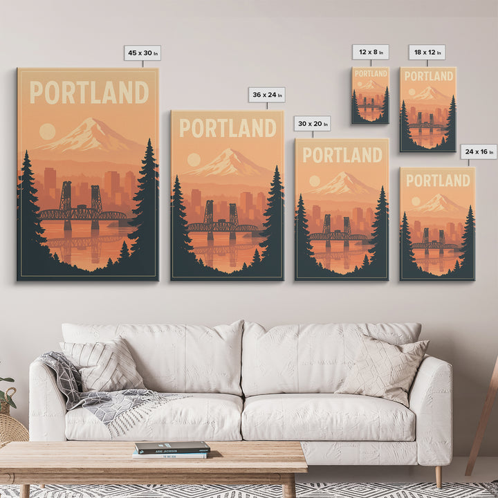 Portland Oregon Travel Poster, Framed Canvas Print, Retro Sunset Skyline Art, Portland Travel Art, City Illustration, Travel Poster Art