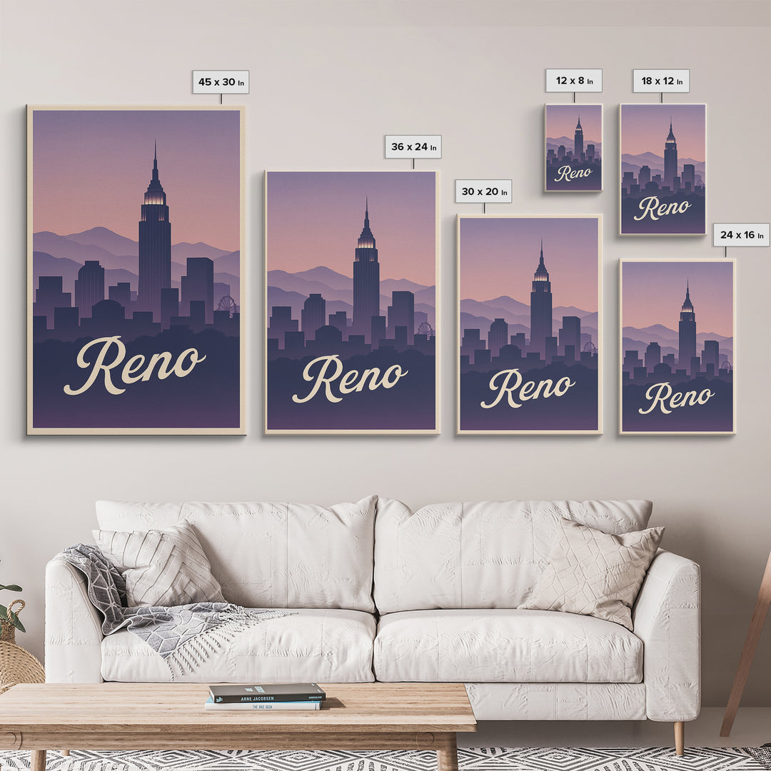 Reno Travel Poster, Canvas Print, Retro Sunset Skyline Art, Reno Art Print, City Illustration, Wanderlust Decor, Mid Century Wall Art