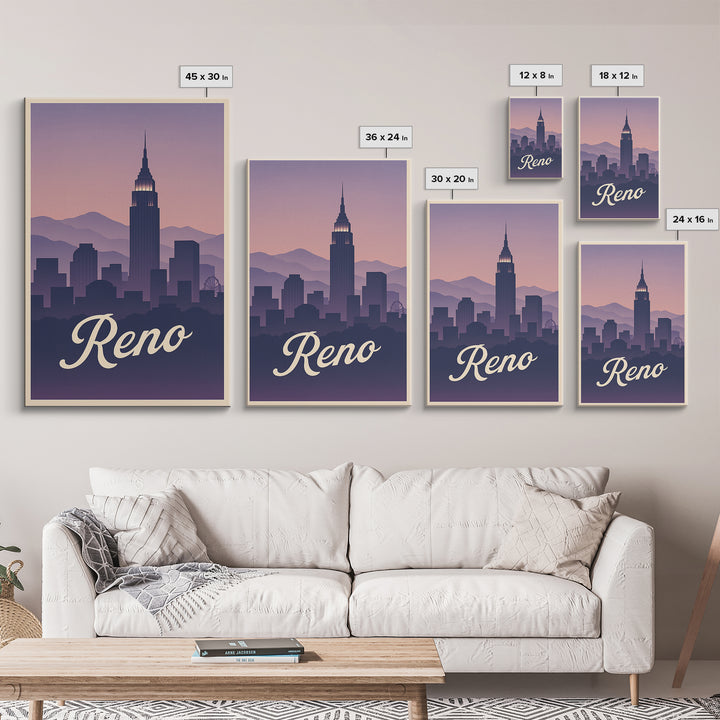 Reno Travel Poster, Canvas Print, Retro Sunset Skyline Art, Reno Art Print, City Illustration, Wanderlust Decor, Mid Century Wall Art