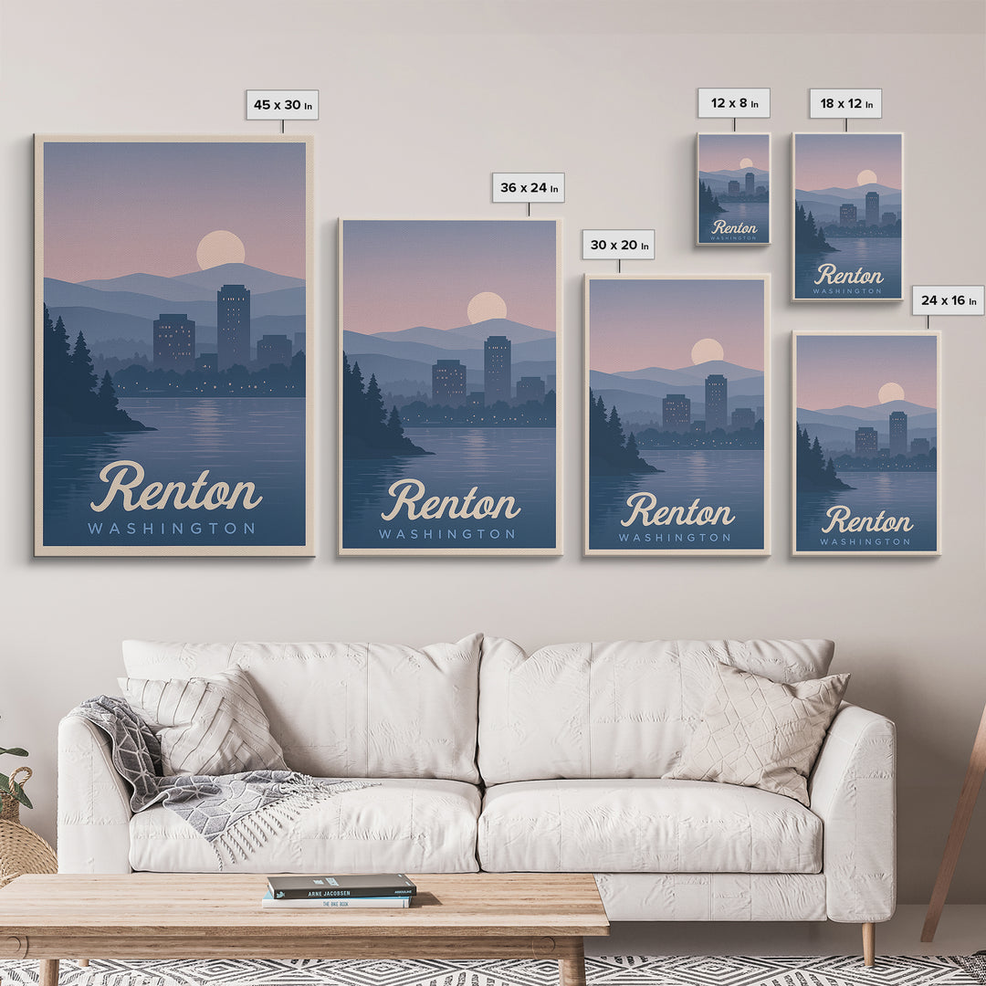 Renton Travel Poster, Framed Canvas Print, Mid Century City Wall Art, Renton Wall Art, Home Office Decor, Travel Wall Decor, Art Print