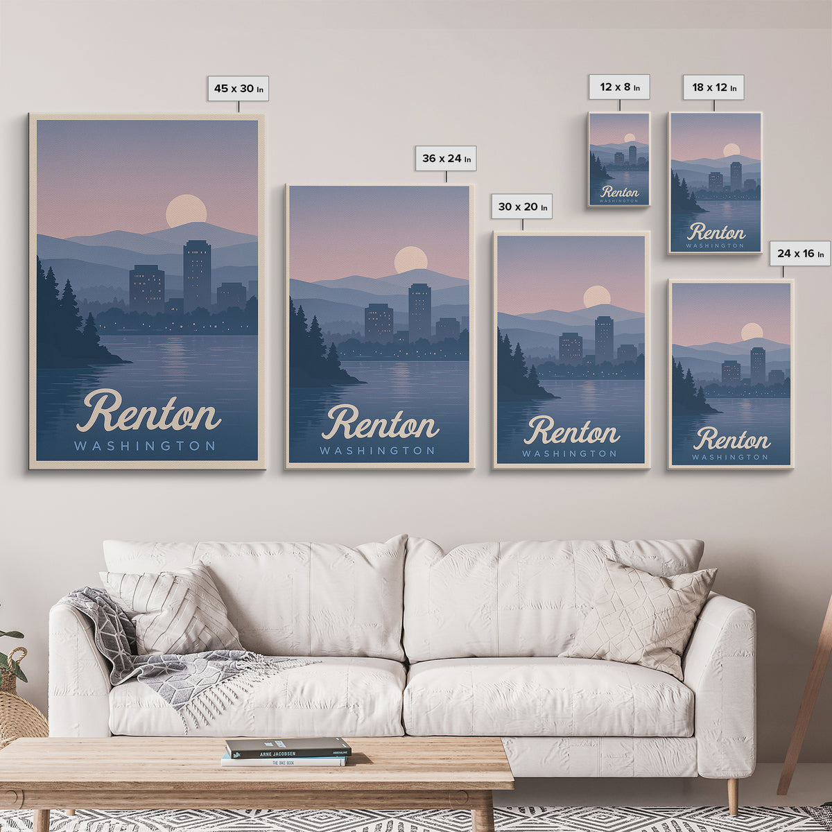 Renton Travel Poster, Framed Canvas Print, Mid Century City Wall Art, Renton Wall Art, Home Office Decor, Travel Wall Decor, Art Print