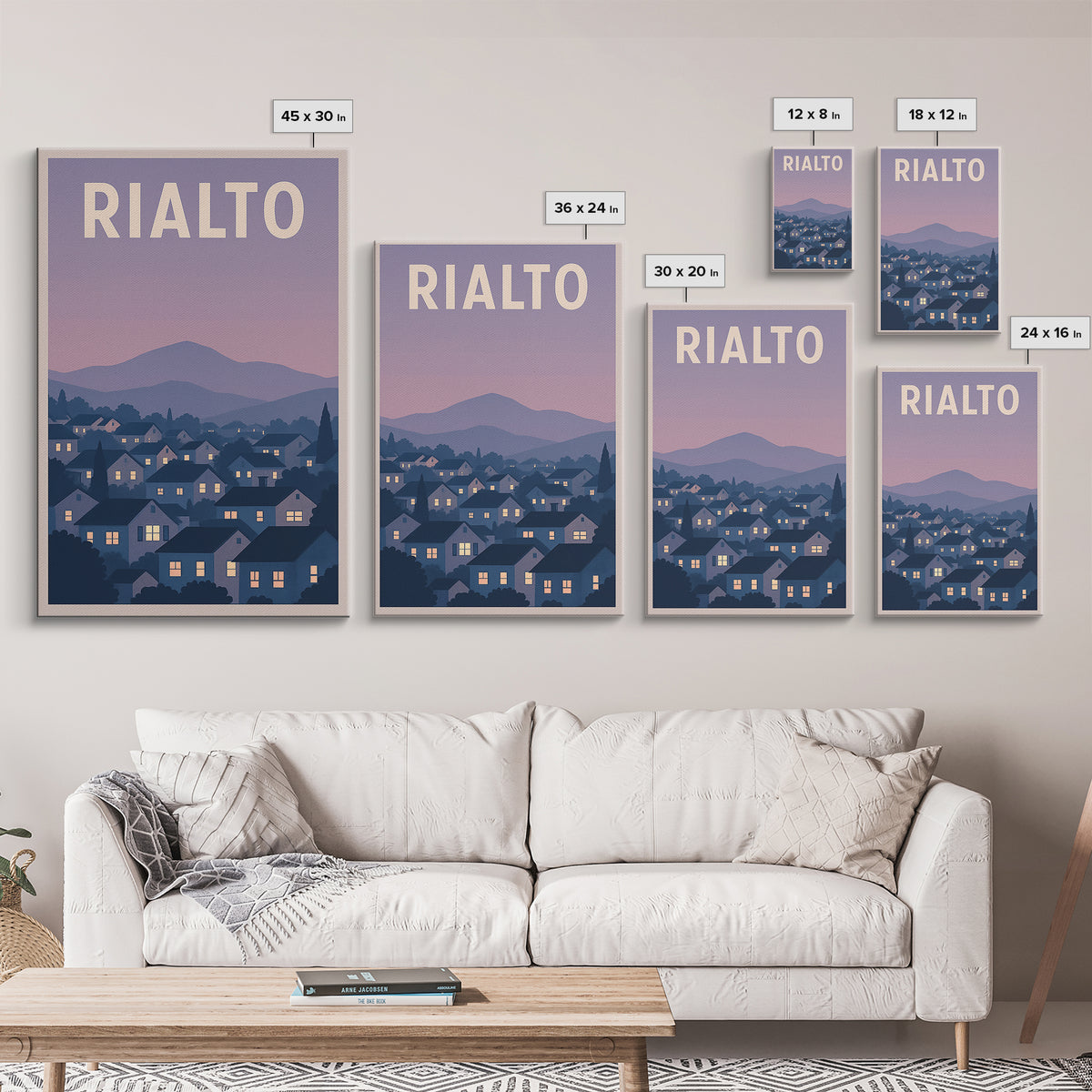 Rialto Travel Poster, Framed Canvas Print, Retro Sunset Skyline Art, Rialto Wall Art, Watercolor Skyline Art, Travel Poster Art, Design 2
