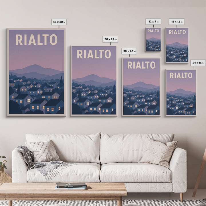Rialto Travel Poster, Framed Canvas Print, Retro Sunset Skyline Art, Rialto Wall Art, Watercolor Skyline Art, Travel Poster Art, Design 2