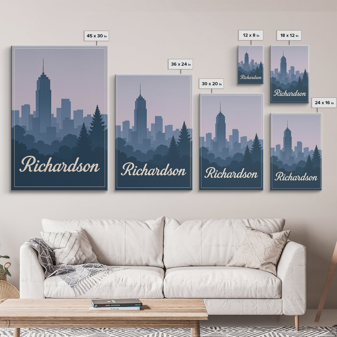 Richardson Travel Poster, Canvas Print, Retro Sunset Skyline Art, Richardson Wall Art, Home Office Decor, Wanderlust Decor, Poster Art