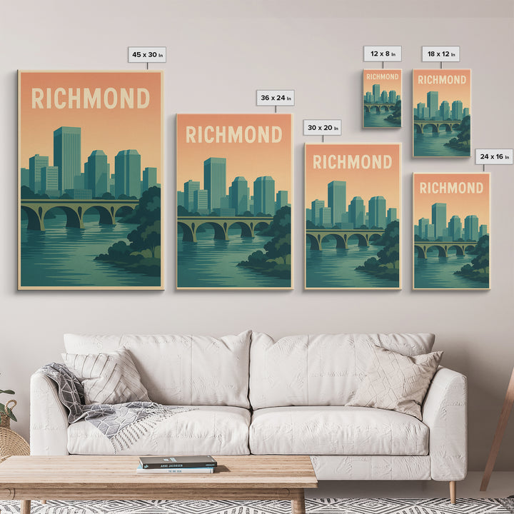 Richmond Virginia Travel Poster, Canvas Print, Retro Sunset Skyline Art, Richmond Poster Print, Watercolor Cityscape, Retro Travel Print