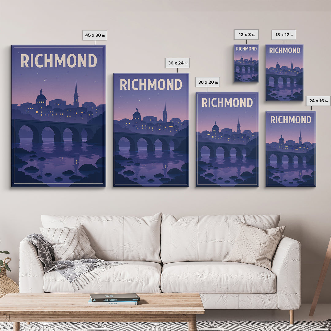 Richmond Travel Poster, Canvas Print, Retro Sunset Skyline Art, Richmond City Art, Vintage City Art, Vintage Travel Print, Landscape Art