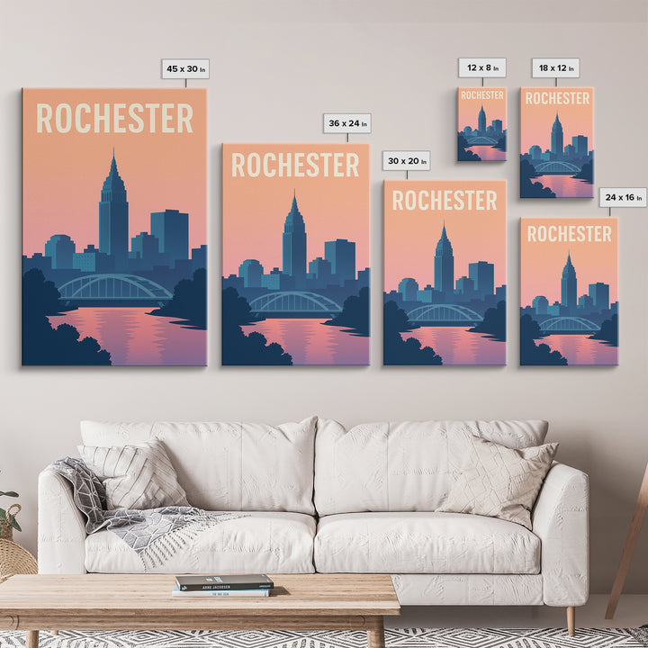 Rochester Travel Poster, Framed Canvas Print, Mid Century City Wall Art, Rochester Travel Art, City Art Print, Vintage City Poster
