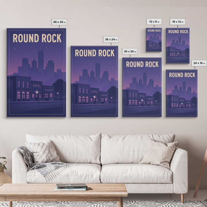 Round Rock Travel Poster, Framed Canvas Print, Retro Sunset Skyline Art, Round Rock Poster Print, Travel Art Print, Living Room Wall Art