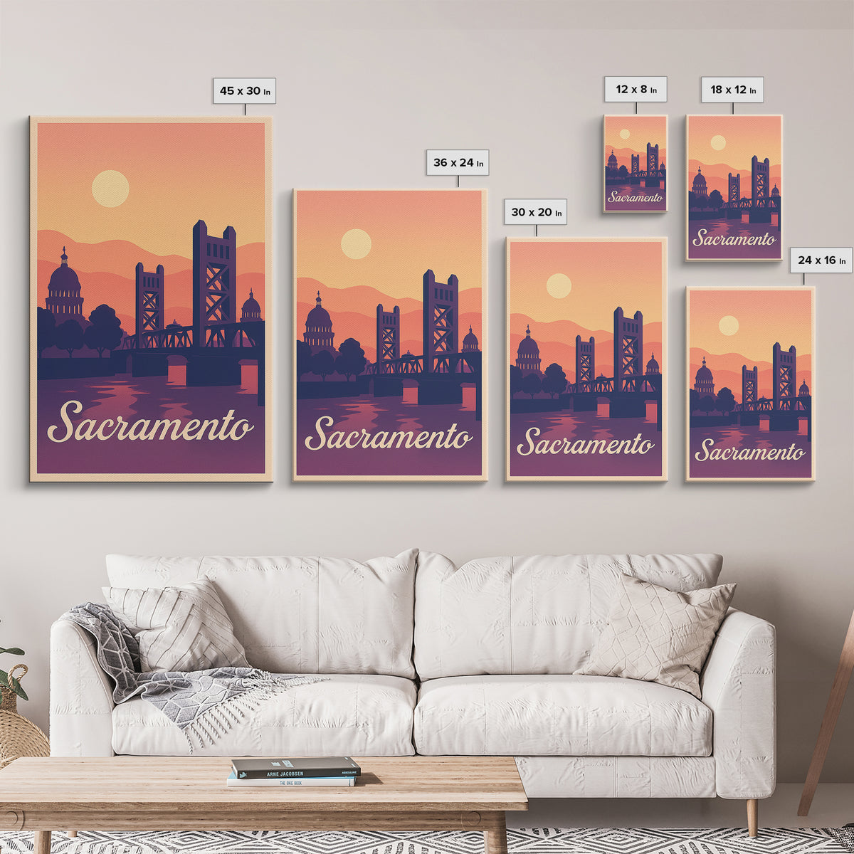 Sacramento California Travel Poster, Canvas Print, Retro Sunset Skyline Art, Sacramento Art Print, Wall Art, Mid Century Wall Art